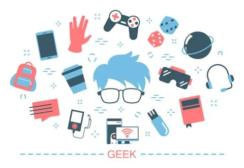 Geek concept. Idea of nerd character and computer game Illustrazione stock