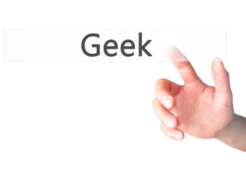 Geek - Hand pressing a button on blurred background concept on visual screen. Stock-Fotos