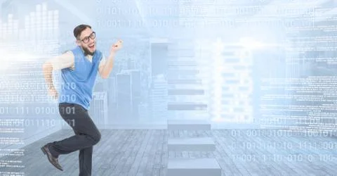 Geek man dancing with digital technology interface 写真素材