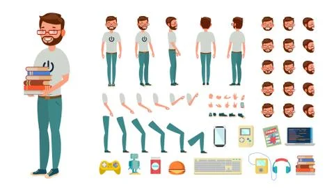 Geek Man Vector. Animated Character Creation Set. Computer Nerd Male. Full Illustrazione stock