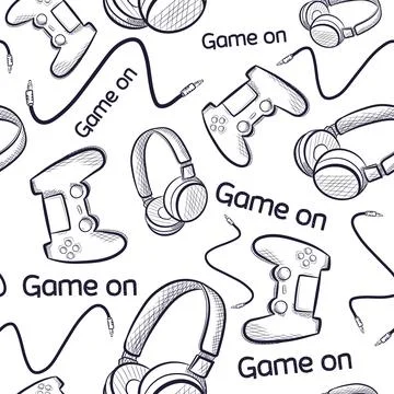 Geek seamless pattern with gamepads and headphones. Stock Illustration
