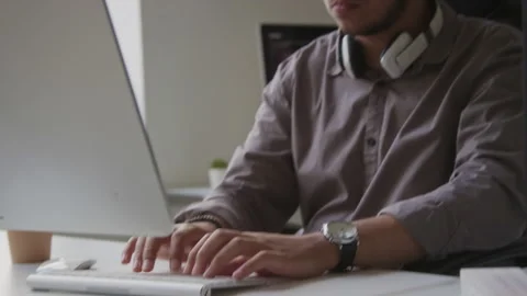 Geek Typing Code in Desktop Computer at Workplace Stock Footage 255780101