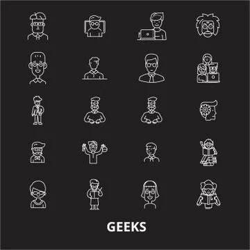 Geeks editable line icons vector set on black background. Geeks white outline Illustrazione stock