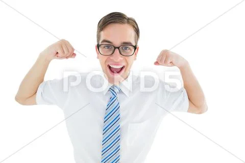 Geeky happy businessman flexing biceps Stock Photos