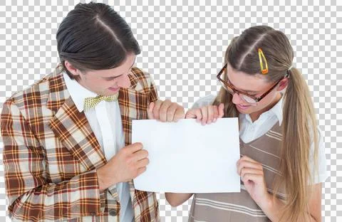 Geeky hipsters holding a poster Stock Photos