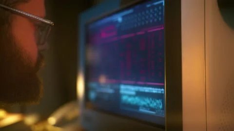 Geeky programmer guy creating computer software, 90s lifestyle, developer Stock Footage 213977519