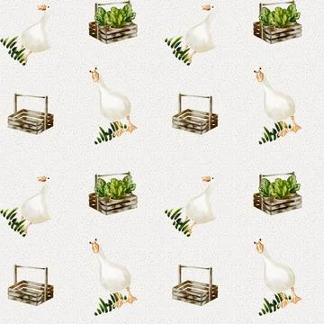 Geese pattern design featuring crates and lettuce in a seamless textile Stock Illustration