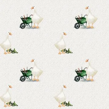 Geese in a whimsical pattern design featuring wheelbarrows and greenery ele.. Stock Illustration