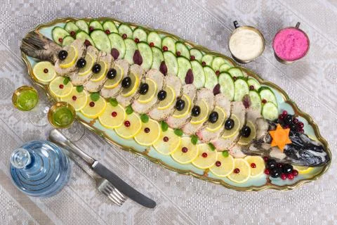 Gefilte fish, stuffed fish, stuffed pike Stock Photos