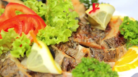 Gefilte fish.Dish of stuffed fish. Stock Footage 39724993