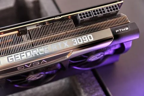 Geforce RTX 3090 Nvidia GPU graphics card inside a gaming computer configuration Foto stock