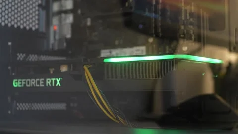 GeForce RTX graphics card with illuminated green lighting inside desktop PC case Stock Footage 314809020