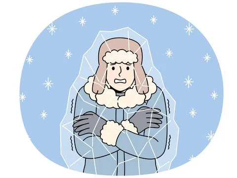 Gefrorener Mann steht im Eisblock und würgt Zähne, Leiden durch plötzliche Stock Photos