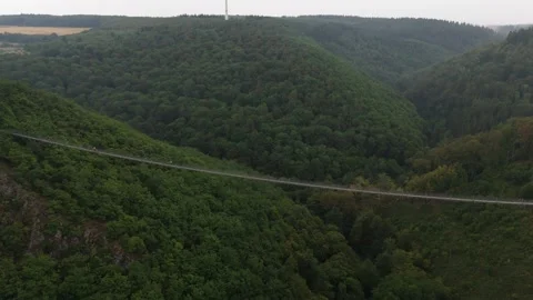 Geierlay suspension bridge spanning wide forested Hunsrück valley Stockbeeldmateriaal 340367937