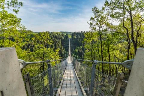 Geierlay, view to a large suspension bridge Stock Photos
