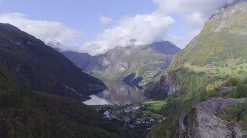 The Geiranger fjord and the surrounding nature landscapes Stock Footage
