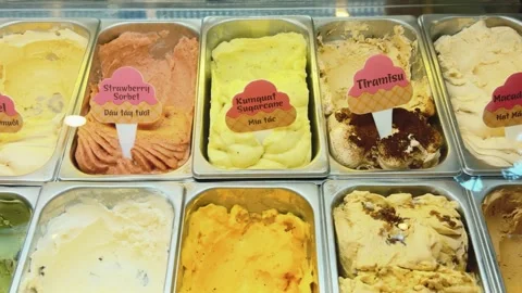 Gelato counter presenting a vibrant array of sweet, creamy, and refreshing Stock-Footage 335642623