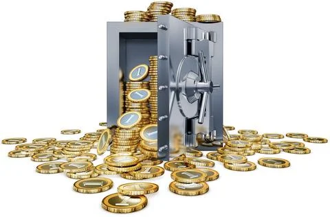 Geld 3D rendering of a open bank vault and coins Copyright: xZoonar.com/fr... Fotos de archivo