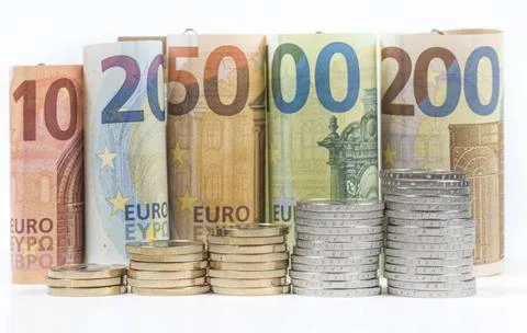  Geld, Euroscheine, Münzen, Euro, Cent, Symbolfoto Geld, Reichtum, Konjunk.. Stock Photos