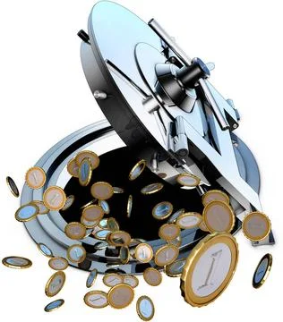 Geld high resolution rendering of coins flying out of a bank vault Copyrig... Fotos de archivo