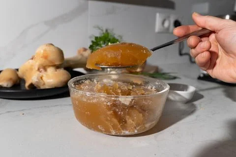 Gelled bone broth with collagen for joint support and slow-aging wellness Stock Photos