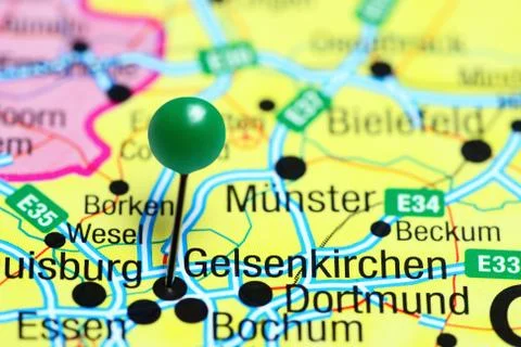 Gelsenkirchen pinned on a map of Germany Stock Photos