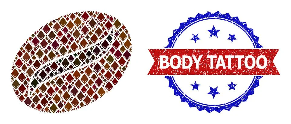 Gem Composition Coffee Seed Icon and Scratched Bicolor Body Tattoo Stamp Stock Illustration