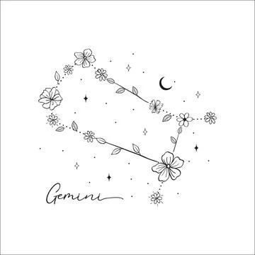 Gemini constellation with Hand drawn doodle flowers, leaves, florals, stars Stock Illustration