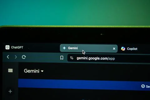 Gemini, CoPilot, ChatGPT AI chatbots opened on computer screen Stock Photos