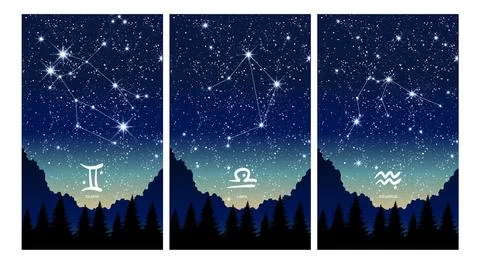 Gemini, Libra and Aquarius, element of air. Set of astrological cards, zodiac Illustrazione stock