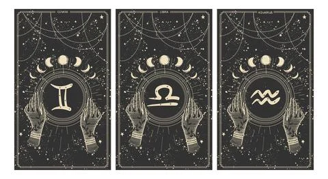 Gemini, Libra, Aodolay, set of cards with zodiac signs in vintage style on black Stock Illustration