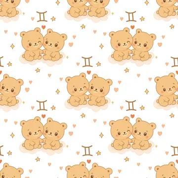 Gemini zodiac sign pattern, cute cartoon twin bears Illustrazione stock