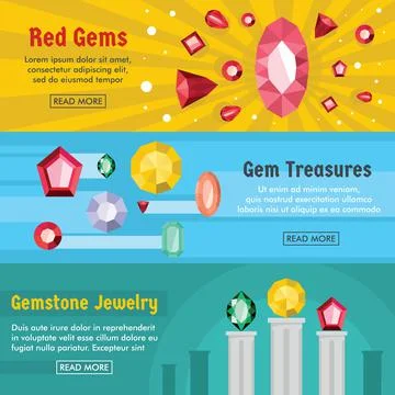 Gems 3 horizontal banners set with treasure design symbols flat isolated Stock Illustration