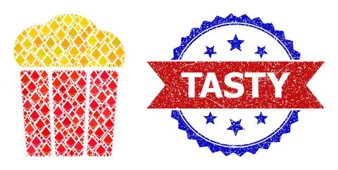 Gemstone Composition Popcorn Bucket Icon and Distress Bicolor Tasty Watermark Stock Illustration