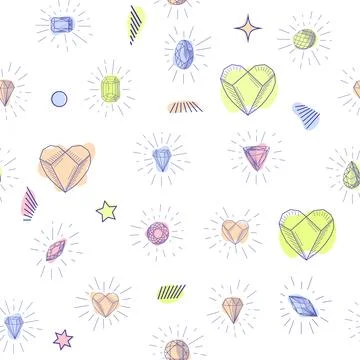 Gemstone crystal seamless pattern. Pastel gems and stars on white background Stock Illustration