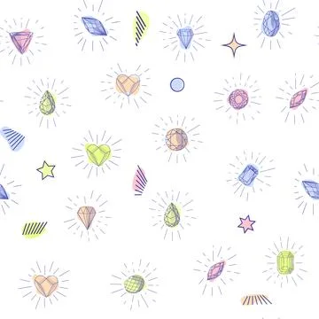 Gemstone crystal seamless pattern. Pastel gems and stars on white background Stock Illustration