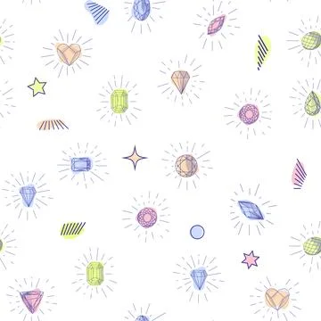 Gemstone crystal seamless pattern. Pastel gems and stars on white background Stock Illustration
