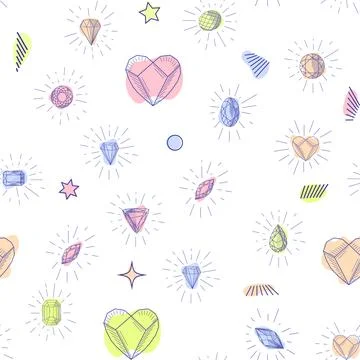 Gemstone crystal seamless pattern. Pastel gems and stars on white background Stock Illustration