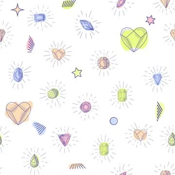 Gemstone crystal seamless pattern. Pastel gems and stars on white background Stock Illustration