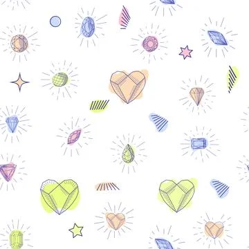 Gemstone crystal seamless pattern. Pastel gems and stars on white background Stock Illustration