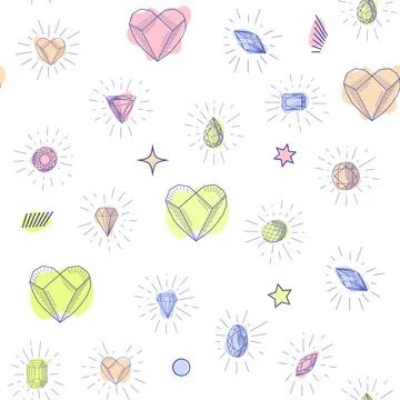 Gemstone crystal seamless pattern. Pastel gems and stars on white background Stock Illustration