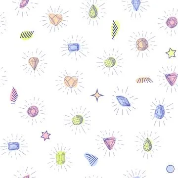 Gemstone crystal seamless pattern. Pastel gems and stars on white background Stock Illustration