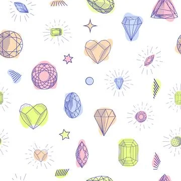 Gemstone crystal seamless pattern. Pastel gems and stars on white background Stock Illustration