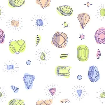 Gemstone crystal seamless pattern. Pastel gems and stars on white background Stock Illustration
