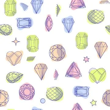Gemstone crystal seamless pattern. Pastel gems and stars on white background Stock Illustration