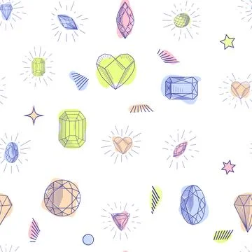 Gemstone crystal seamless pattern. Pastel gems and stars on white background Stock Illustration