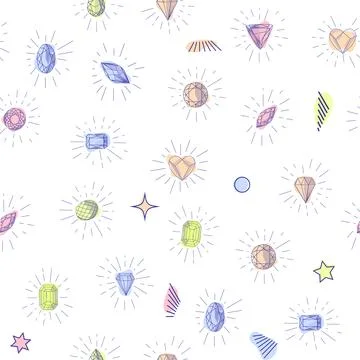 Gemstone crystal seamless pattern. Pastel gems and stars on white background Stock Illustration