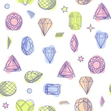Gemstone crystal seamless pattern. Pastel gems and stars on white background Stock Illustration