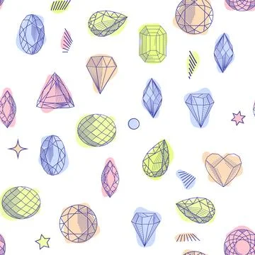 Gemstone crystal seamless pattern. Pastel gems and stars on white background Stock Illustration
