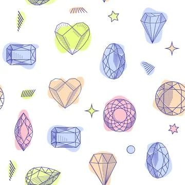 Gemstone crystal seamless pattern. Pastel gems and stars on white background Stock Illustration